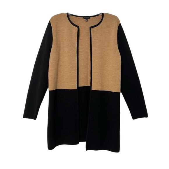 Talbots Merino Blend Colorblock Sweater Jacket Large Tan Black Open Front - Picture 2 of 10